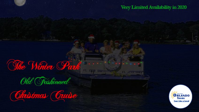 The Winter Park Old Fashioned Christmas Cruise on lake maitland in winter park across from rollins college with guests onboard the decorated vessel